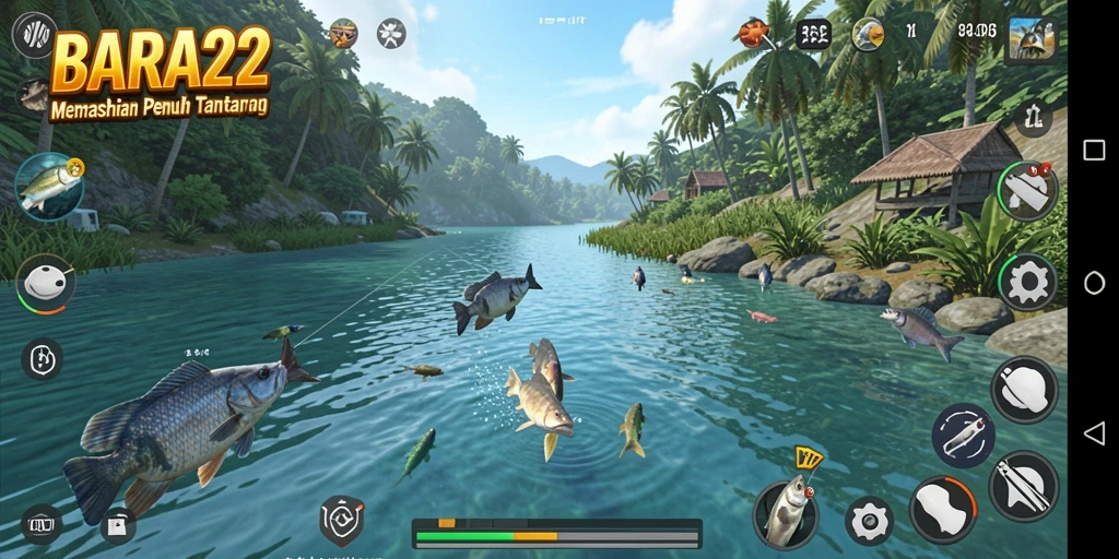 Tampilan gameplay seru di BARA22 saat memancing ikan.