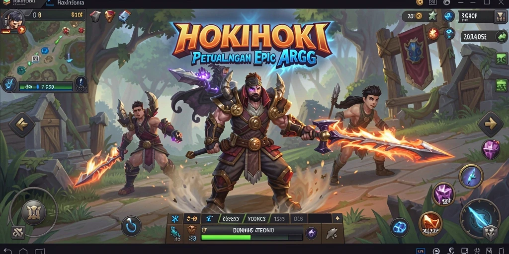 Tangkapan layar HOKIHOKI menampilkan pertarungan epik dan dunia yang indah.